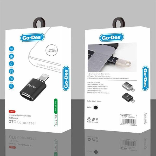 Go Des GD-CT056 Lightning Otg USB محول او تي جي مناسب لتوصيل جوال الأيفون عن طريق اليو اس بي بالفلاش مثلاً او الماوس أو الأجهزة الأخرى